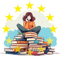 Dibujo de una joven subida encima de una pila de libros y rodeada por las estrellas de la UE