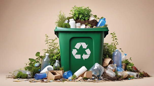 Imagen de un contenedor verde rodeado de residuos de envases