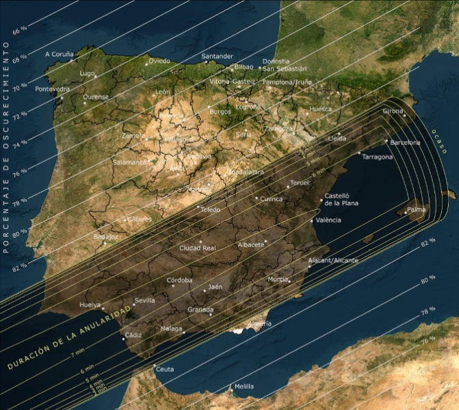 Mapa de España con el eclipse de 2028