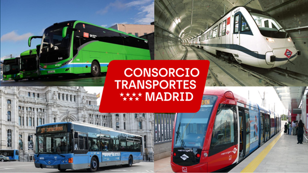 Logo del consorcio de transportes con collage de vehiculos de fondo