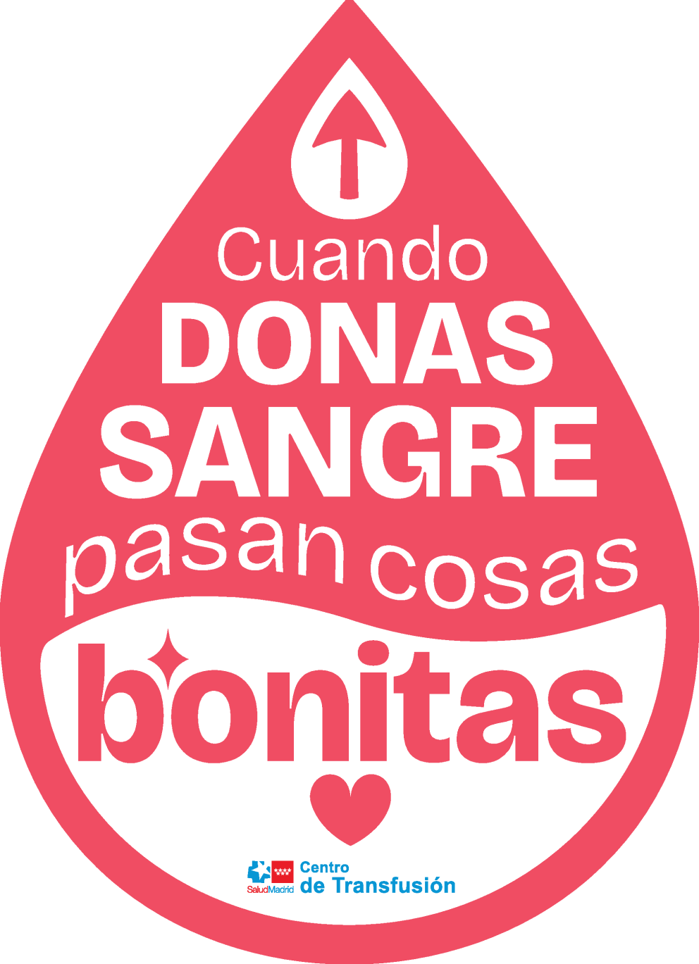 Imagen de una gota de sangre que incluye la leyenda "cuando donas, pasan cosas bonitas"