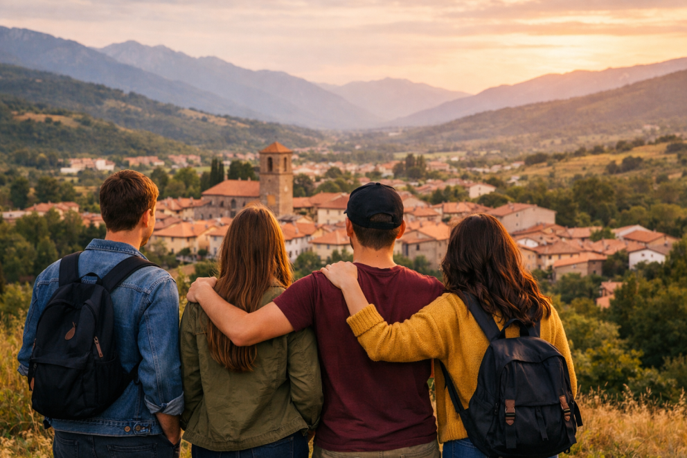 Jóvenes de espaldas mirando a un pueblo