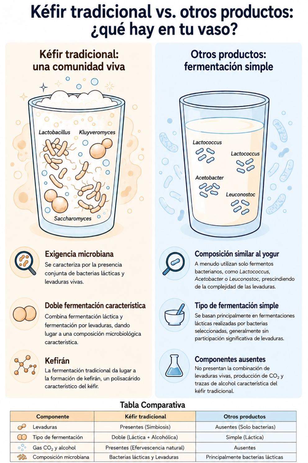 Infografía comparativa entre el kéfir tradicional y otros productos