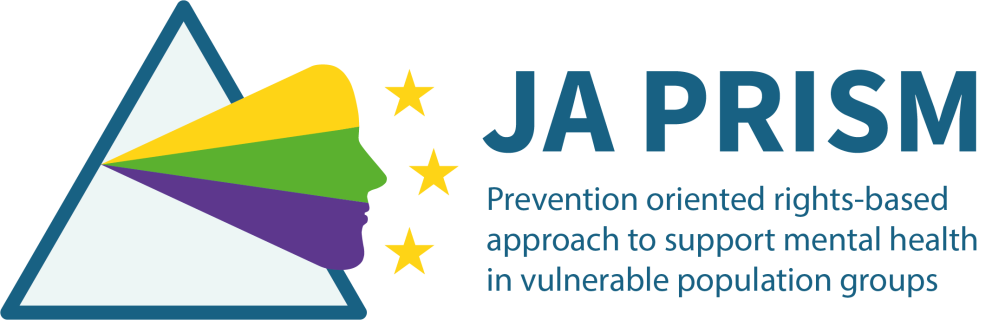 Triángulo con figura de cabeza humana en tres colores que mira 3 estrellas alineadas y texto JA PRISM Joint Action in Prevention oriented Rights-based approach to Support Mental health in vulnerable population groups