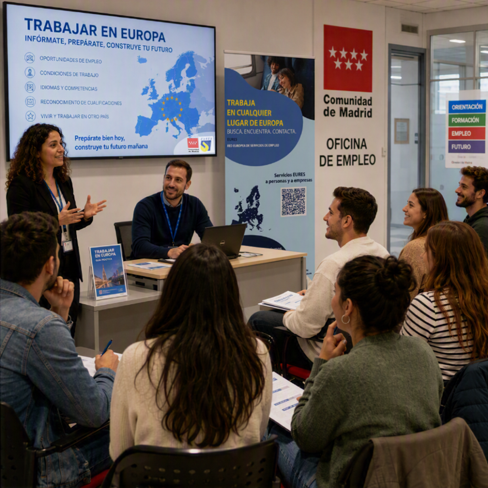 Reunión de un grupo de personas en un aula sobre el tema "Trabajar en Europa"