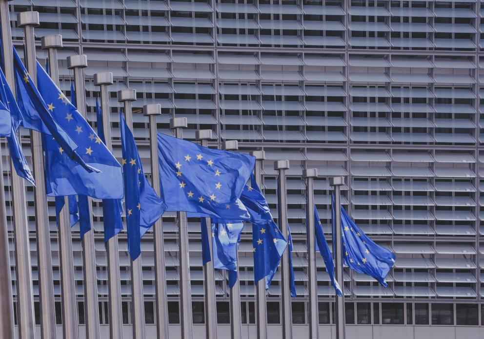 Varias banderas de la Unión Europea ondean alineadas frente a la fachada acristalada de un edificio institucional moderno.