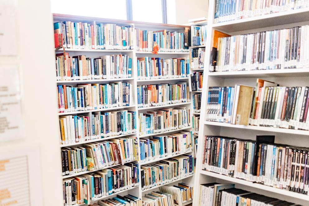 Estanterías con videos y libros