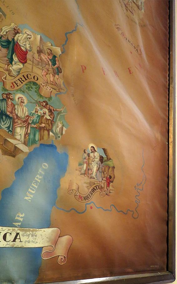 pintura mural representando un mapa de Jericó y el Mar Muerto y escenas con personajes masculinos