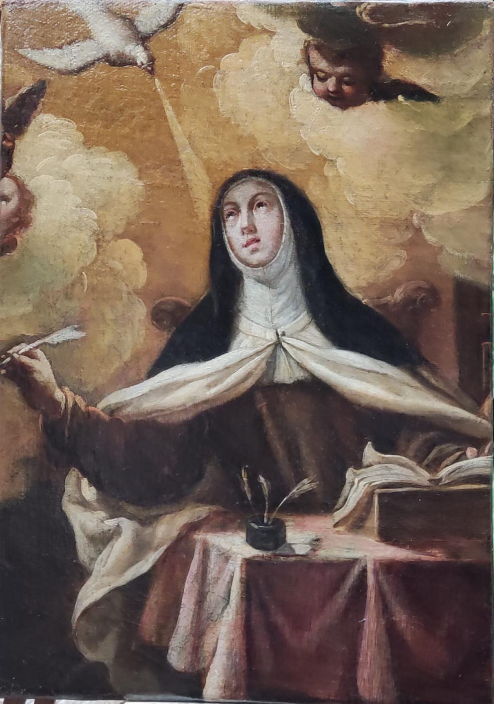 pintura representando una mujer con hábito religioso escribiendo y mirando a una paloma
