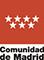 Bandera roja con 7 estrellas blancas en dos líneas y leyenda debajo que pone Comunidad de Madrid en dos líneas