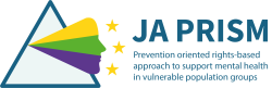 Triángulo con figura de cabeza humana en tres colores que mira 3 estrellas alineadas y texto JA PRISM Joint Action in Prevention oriented Rights-based approach to Support Mental health in vulnerable population groups