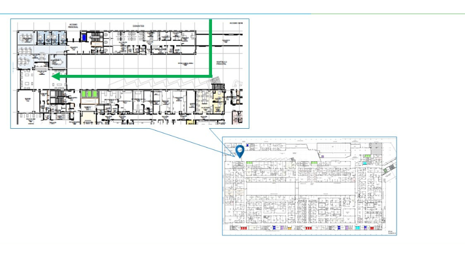 Plano de acceso a Urología planta baja desde exterior hospital general todo recto hasta vestíbulo general y luego a la derecha todo recto hasta servicio de admisión para tramitar ingreso