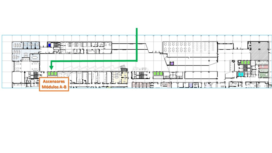 Plano de acceso desde exterior recto a vestíbulo principal y a la derecha todo recto hasta ascensores módulos A,B