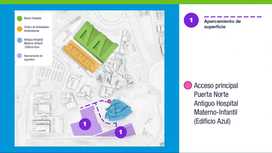 Acceso a puerta principal del antiguo Hospital Materno-Infantil desde aparcamiento de superficie saliendo a la derecha a unos 50 metros
