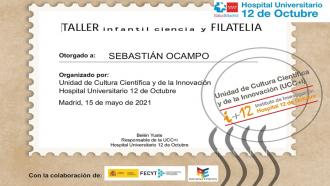 cartel del taller infantil de ciencia y filatelia