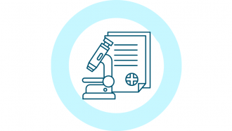 icono de línea azul de Investigación con microscopio y libro en marco redondo