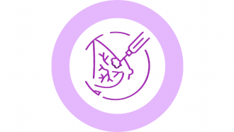 Icono de línea morada de una punción en una mama, dentro de un círculo morado