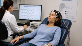 Mujer sentada en una butaca con sensores en la cabeza y cables y una profesional sentada delante de una pantalla sonde se van registrando líneas de la actividad cerebral