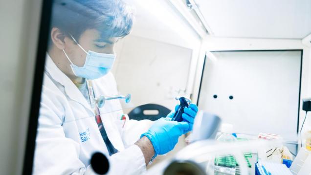 Profesional con mascarilla trabajando en una campana de laboratorio