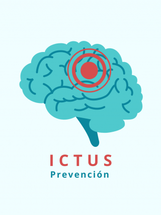 ilustración de un cerebro azul grisáceo con una especie de diana color rojo en el frontal superior y debajo la leyenda ictus prevención