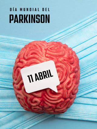 imagen prediseñada de un cerebro en color rosado sobre fondo azul y la leyenda en la parte superior Día Mundial del párkinson y una viñeta sobre el cerebro con la fecha 11 de abril