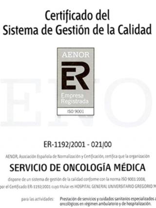 Certificado del Sistema de Gestión de Calidad del Servicio Oncología Médica