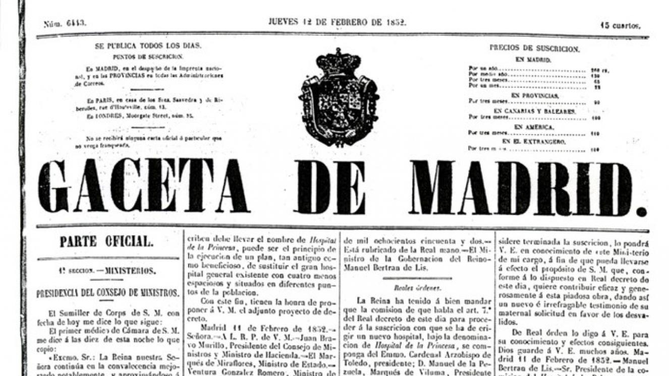 Gaceta de Madrid donde se anuncia la creación del Hospital de  La Princesa