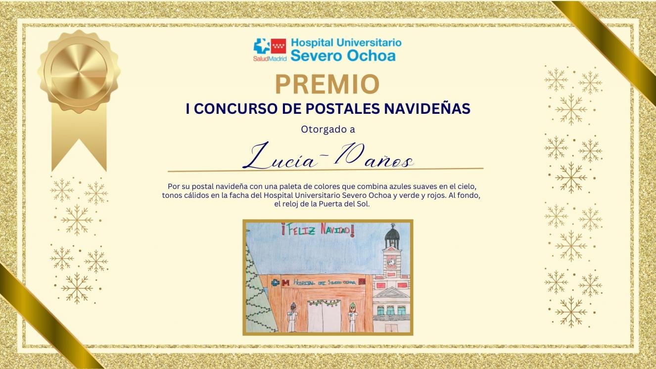 Diploma del primer concurso de postales navideñas a la niña Lucía, de 10 años