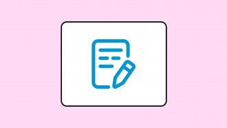 Icono azul de documento con bolígrafo sobre fondo rosa