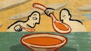 Ilustración de dos figuras humanas tomando sopa con cucharas desiguales