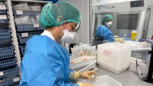 Hospital Universitario Severo Ochoa | Farmacia Hospitalaria - Oncología Médica dos facultativas de farmacia hospitalaria vestidas con gorro, bata, guantes y calzas preparando medicamentos para pacientes