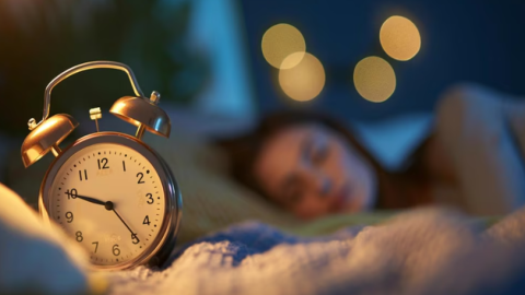 Una mujer duerme con un reloj despertador al lado