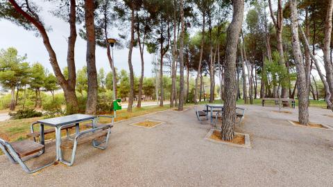 Jardín. Otra vista del jardín donde se ven aún más árboles y mesas para jugar ajedrez.