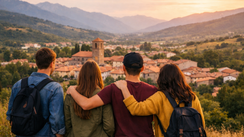 Jóvenes de espaldas mirando a un pueblo