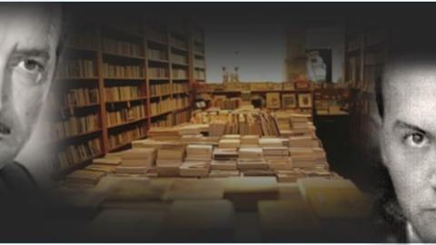 Imágenes en blanco y negro de los dos escritores sobre fondo de libros