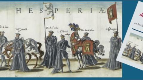 Imagen de caballeros con emblemas, y portada del libro