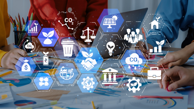 Imagen de personas e infografía con iconos de evaluación ambiental