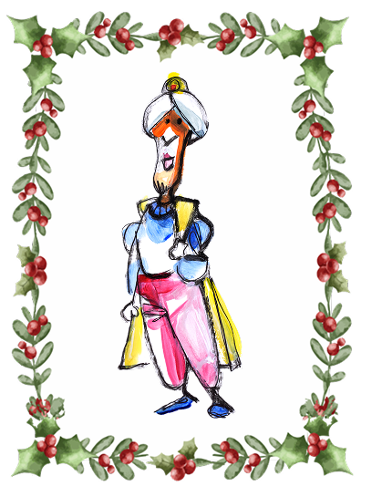 Ilustración que representa al rey Baltasar rodeado de una guirnalda