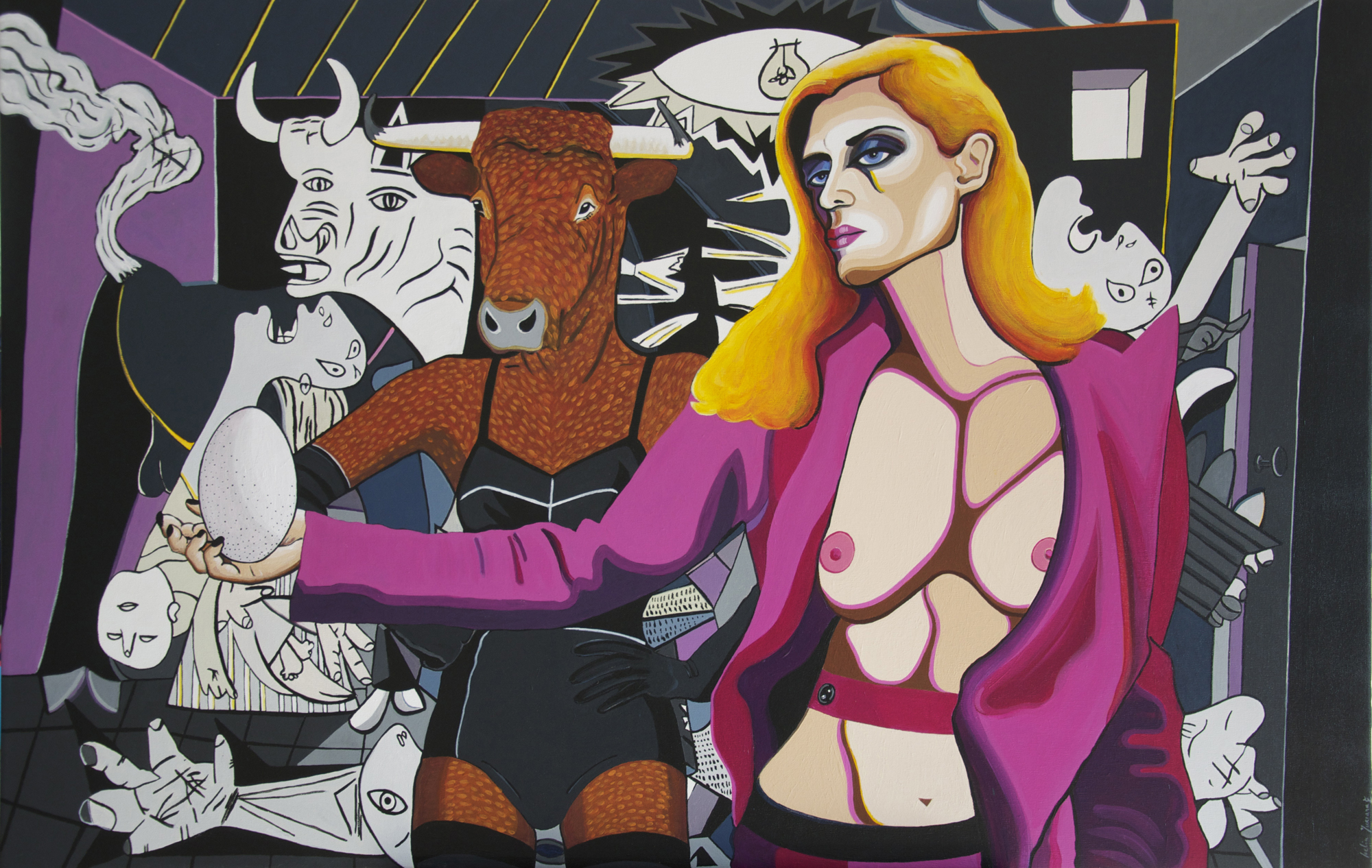 Espectáculo Mujeres y su Picasso Dos mujeres, una de ella con cabeza de vacuno delante de un cuadro