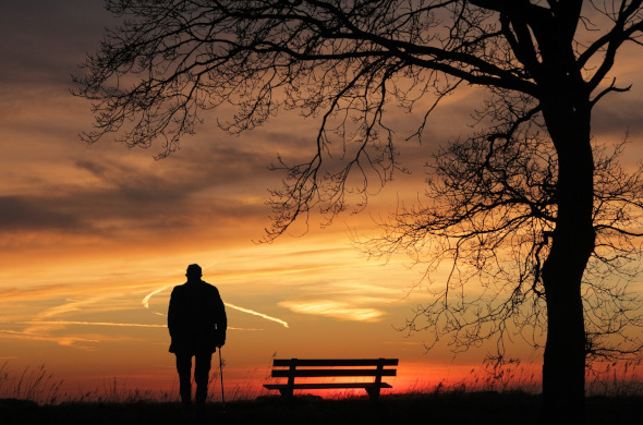 Contraluz de un señor mayor al atardecer en un parque al lado de un banco