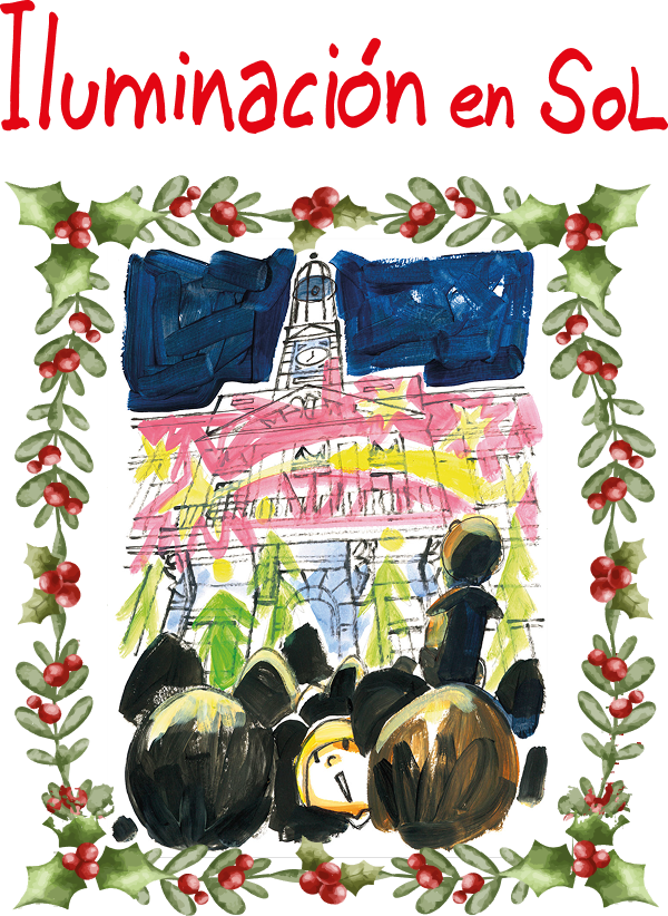 Ilustración que representa el edificio de la Puerta del Sol con espectaculo de luces