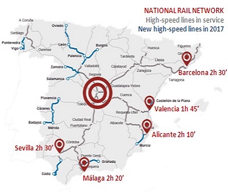 Mapa de España en el que se destaca la red de Alta Velocidad
