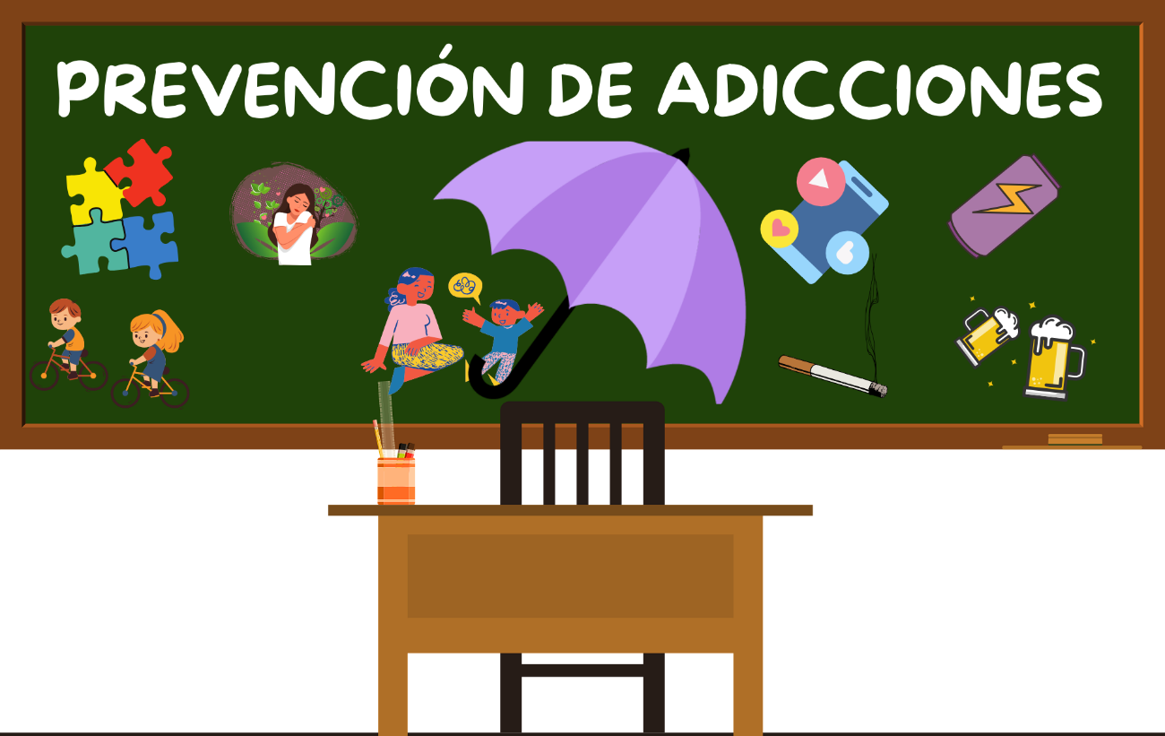 pizarra escolar con dibujos y título prevención de adicciones
