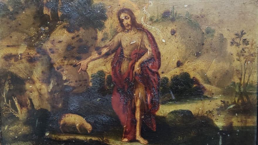 pintura representando una figura masculina con túnica y bastón y una oveja