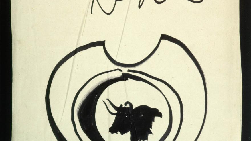 Dibujo de una vacía con la cabeza de un toro en el centro y la dedicatoria para Arias