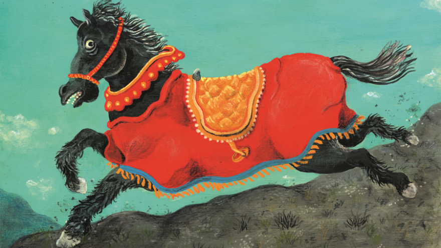 Horse riding with red breastplate