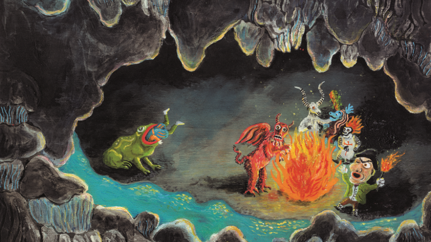 Fantastic characters inside a cave and around a bonfire