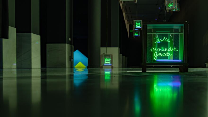 Vista de una sala a oscuras con esculturas fluorescentes