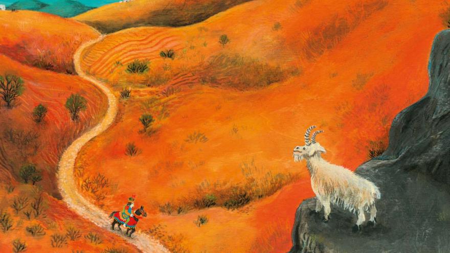 Ilustración de un paisaje con una cabra, un camino y un caminante