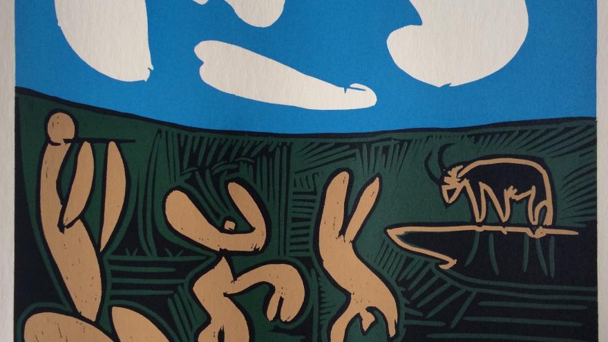 Paisaje abstracto con personas y animales y cielo con nubes